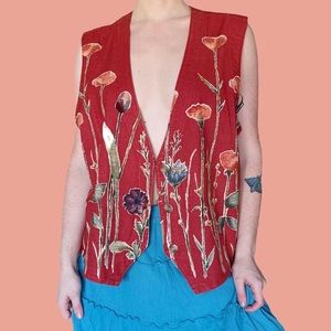 Vintage Red Floral Print Boho Cottage Core Button Up Vest
